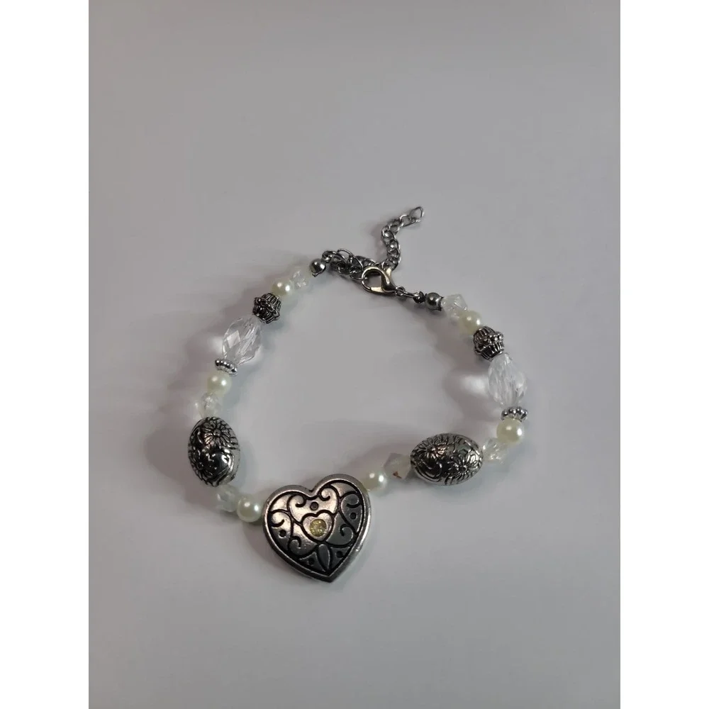 Silver-Tone Heart Charm Beaded Bracelet with Faux Pearls and Clear Faceted Beads